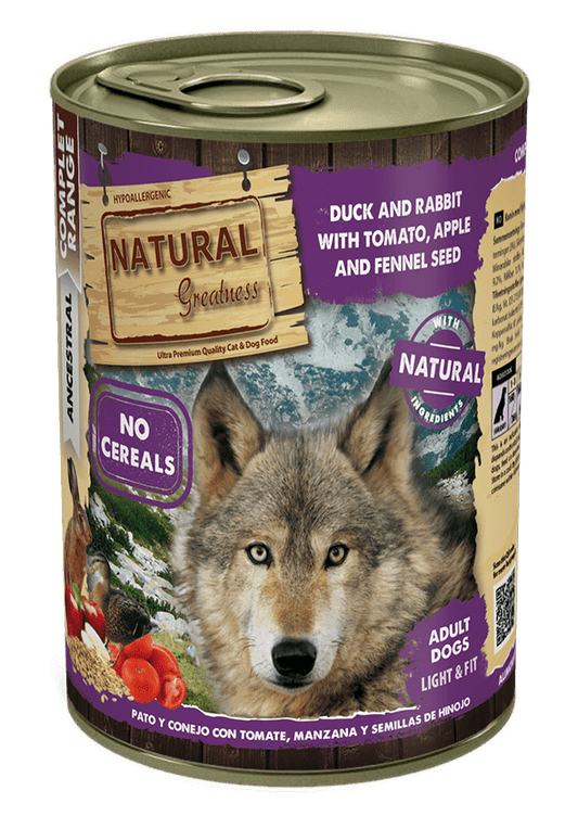 Natural Greatness Pato y Conejo con tomate, manzana e hinojo | Comida húmeda light sin cereales para perros adultos