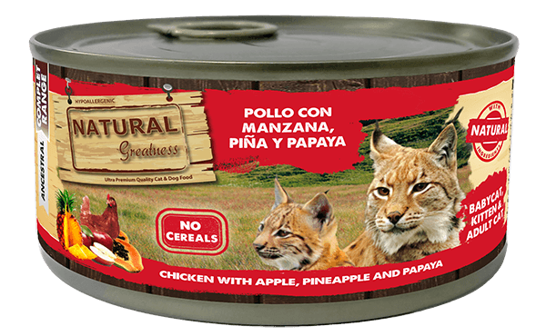 Natural Greatness Pollo con Manzana, Piña y Papaya 185 g, comida húmeda sin cereales para gatitos y gatos adultos