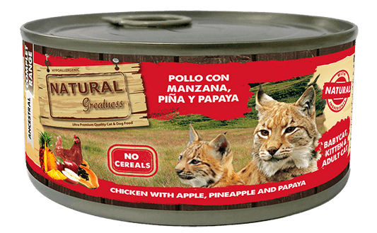 Natural Greatness Pollo con Manzana, Piña y Papaya 185 g, comida húmeda sin cereales para gatitos y gatos adultos