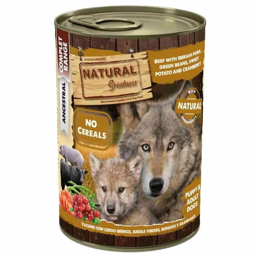 Comida húmeda Natural Greatness vacuno y cerdo ibérico sin cereales para perros y cachorros, pack 12x400 g