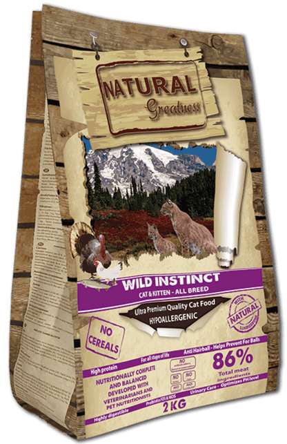 Pienso Natural Greatness Wild Instinct sin cereales para gatitos y gatos adultos
