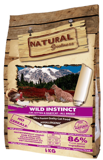 Pienso Natural Greatness Wild Instinct sin cereales para gatitos y gatos adultos