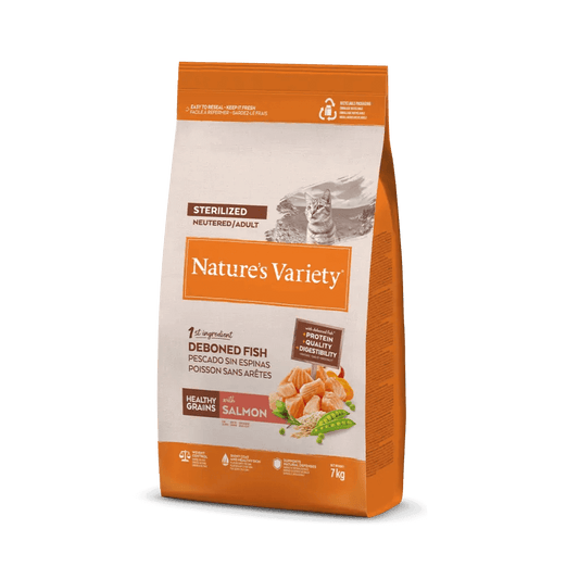 NATURE’S VARIETY Sterilized Healthy Grains Salmón para gato esterilizado – alimento completo y equilibrado con ingredientes naturales