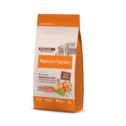 Nature’s Variety No Grain Esterilizado Salmón Noruego para gato adulto esterilizado, sin cereales, con ingredientes naturales.