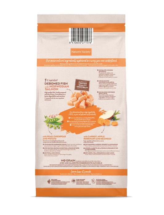 Nature’s Variety No Grain Esterilizado Salmón Noruego para gato adulto esterilizado, sin cereales, con ingredientes naturales.