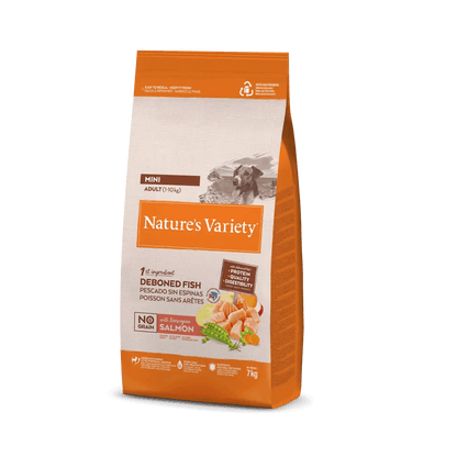 Saco de pienso NATURE'S VARIETY Mini Adult sin cereales con salmón – Gabo y Gordo E Shop