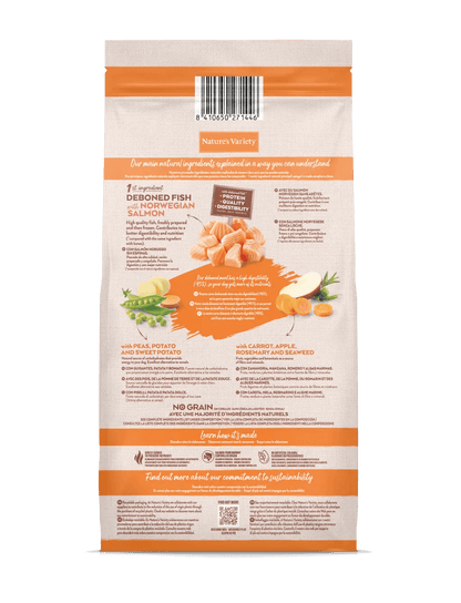 Saco de pienso NATURE'S VARIETY Mini Adult sin cereales con salmón – Gabo y Gordo E Shop