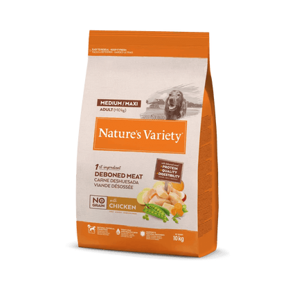 Pienso Nature’s Variety Selected con pollo campero deshuesado para perro adulto, sin cereales, con frutas y verduras naturales.