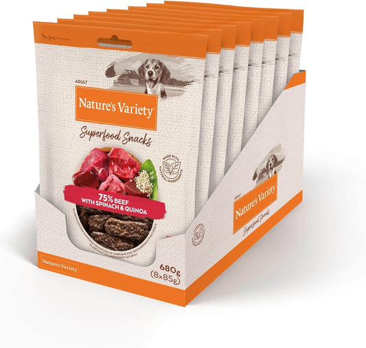 Snack natural para perro adulto con buey, espinaca y quinoa. Barritas cocidas al horno, bajas en calorías, sin conservantes ni colorantes.