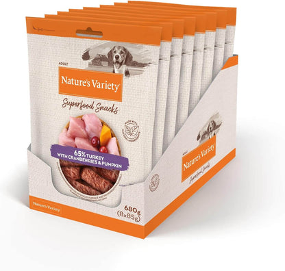 Barritas naturales para perros con pavo, arándanos rojos y calabaza. Snack complementario bajo en calorías cocido al horno, sin aditivos.