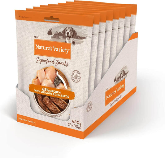 Snack natural para perro adulto con pollo, coco y semillas de chía. Barritas masticables cocidas al horno con ingredientes naturales y superfoods.