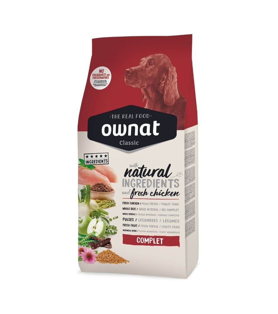 OWNAT Classic Complet Dog pienso con 10 % de pollo fresco y cereales integrales para perros adultos, disponible en Gabo y Gordo E Shop
