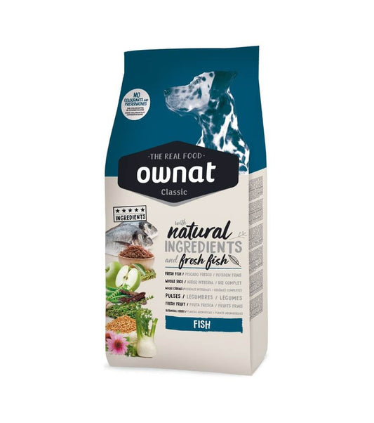 OWNAT Classic Fish Dog, pienso natural para perros adultos con pescado fresco, Omega 3 y 6 para una piel sana y un pelaje brillante.