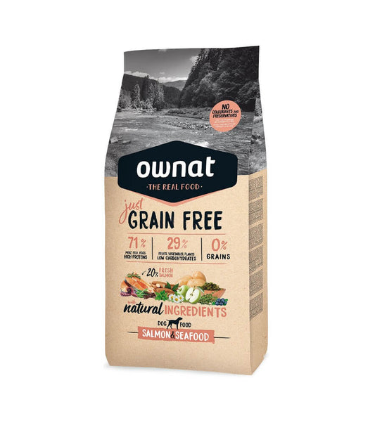 OWNAT Just Grain Free Salmon & Seafood – Pienso natural sin cereales con salmón y marisco para perros adultos