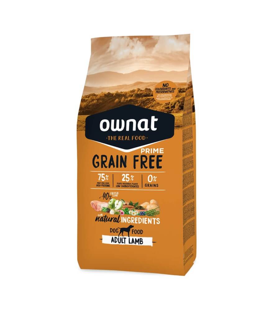 OWNAT Prime Grain Free Adult Lamb pienso sin cereales con cordero fresco para perros adultos con sensibilidad digestiva o alergias alimentarias.