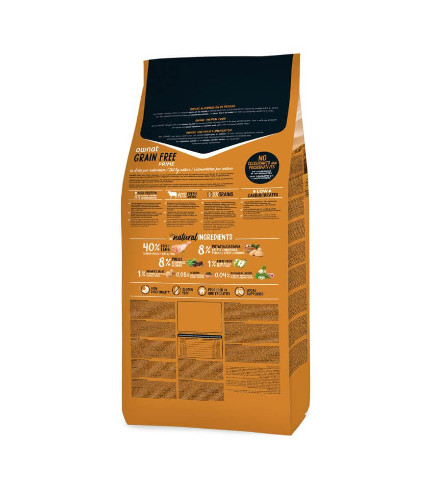 OWNAT Prime Grain Free Adult Lamb pienso sin cereales con cordero fresco para perros adultos con sensibilidad digestiva o alergias alimentarias.