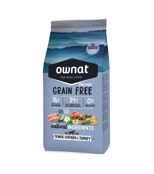 OWNAT Prime Grain Free Senior – Pienso sin cereales para perros mayores con pollo y pavo
