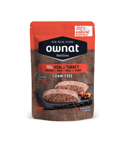 OWNAT Wetline Cat comida húmeda natural para gatos con ternera y pavo