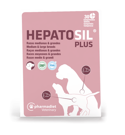Hepatosil Plus Pharmadiet Veterinary razas medianas y grandes 30 comprimidos divisibles, suplemento hepático para perros con cardo mariano