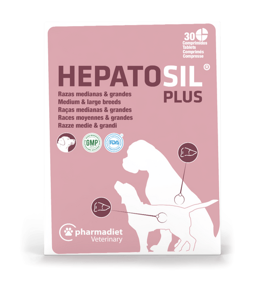Hepatosil Plus Pharmadiet Veterinary razas medianas y grandes 30 comprimidos divisibles, suplemento hepático para perros con cardo mariano