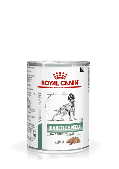 Alimento húmedo Royal Canin Diabetic Special Low Carbohydrate para perros diabéticos, pack 12 latas.