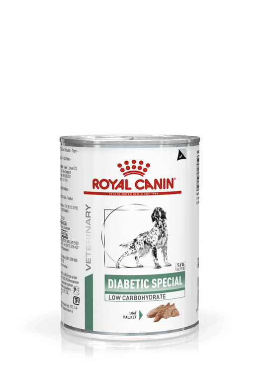 Alimento húmedo Royal Canin Diabetic Special Low Carbohydrate para perros diabéticos, pack 12 latas.