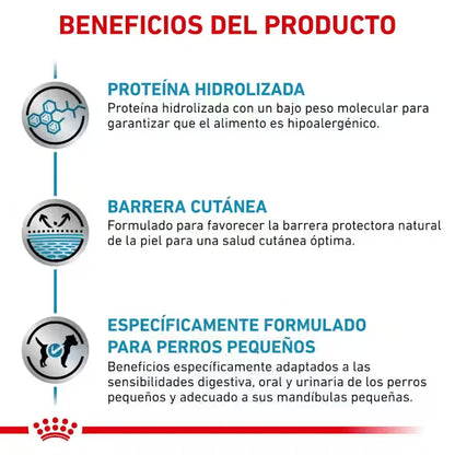 ROYAL CANIN Hypoallergenic Small Dog, pienso veterinario hipoalergénico para perros pequeños con alergias alimentarias, piel sensible y problemas digestivos. Disponible en Gabo y Gordo E Shop Canarias.