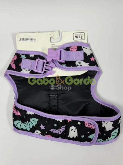 Perro pequeño con traje de Halloween Simply Wag talla M, cómodo y ligero, ideal para fiestas.