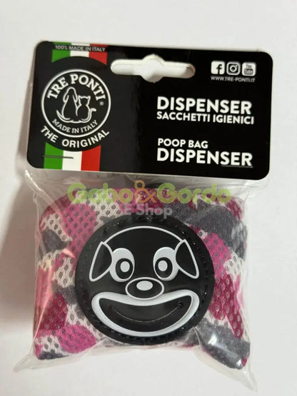 Dispensador TRE PONTI Smile Dog rosa camuflaje para bolsas de perro, silencioso y práctico.