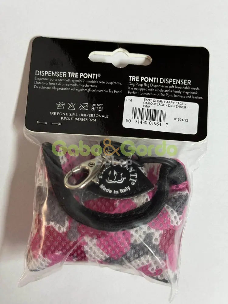 Dispensador TRE PONTI Smile Dog rosa camuflaje para bolsas de perro, silencioso y práctico.