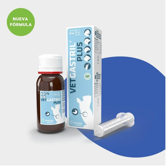 Vetgastril Plus Gel nueva fórmula, alimento complementario gastrointestinal para perros y gatos con jeringa dosificadora, formatos 20 y 50 ml