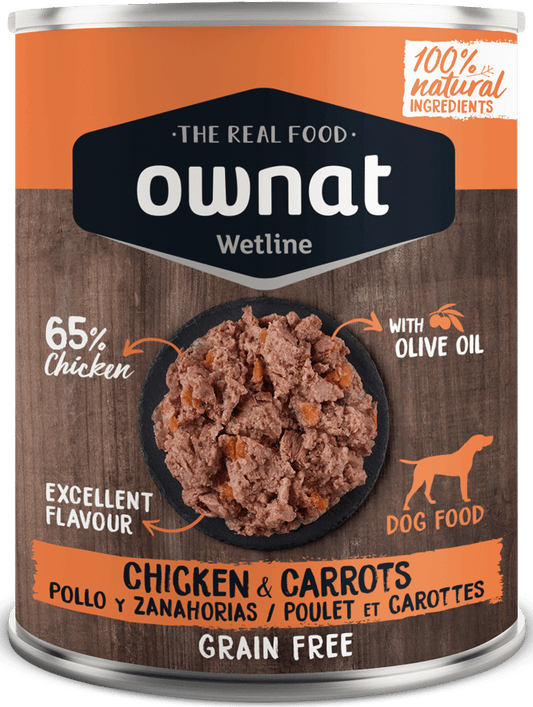 OWNAT Wetline | Comida húmeda con pollo y zanahorias para perro 400 g x 12 unidades sin cereales Gabo y Gordo Pet Shop en Las Palmas de Gran Canaria tienda para mascotas, perros, gatos, conejos, tortugas, animales, accesorios para mascotas.