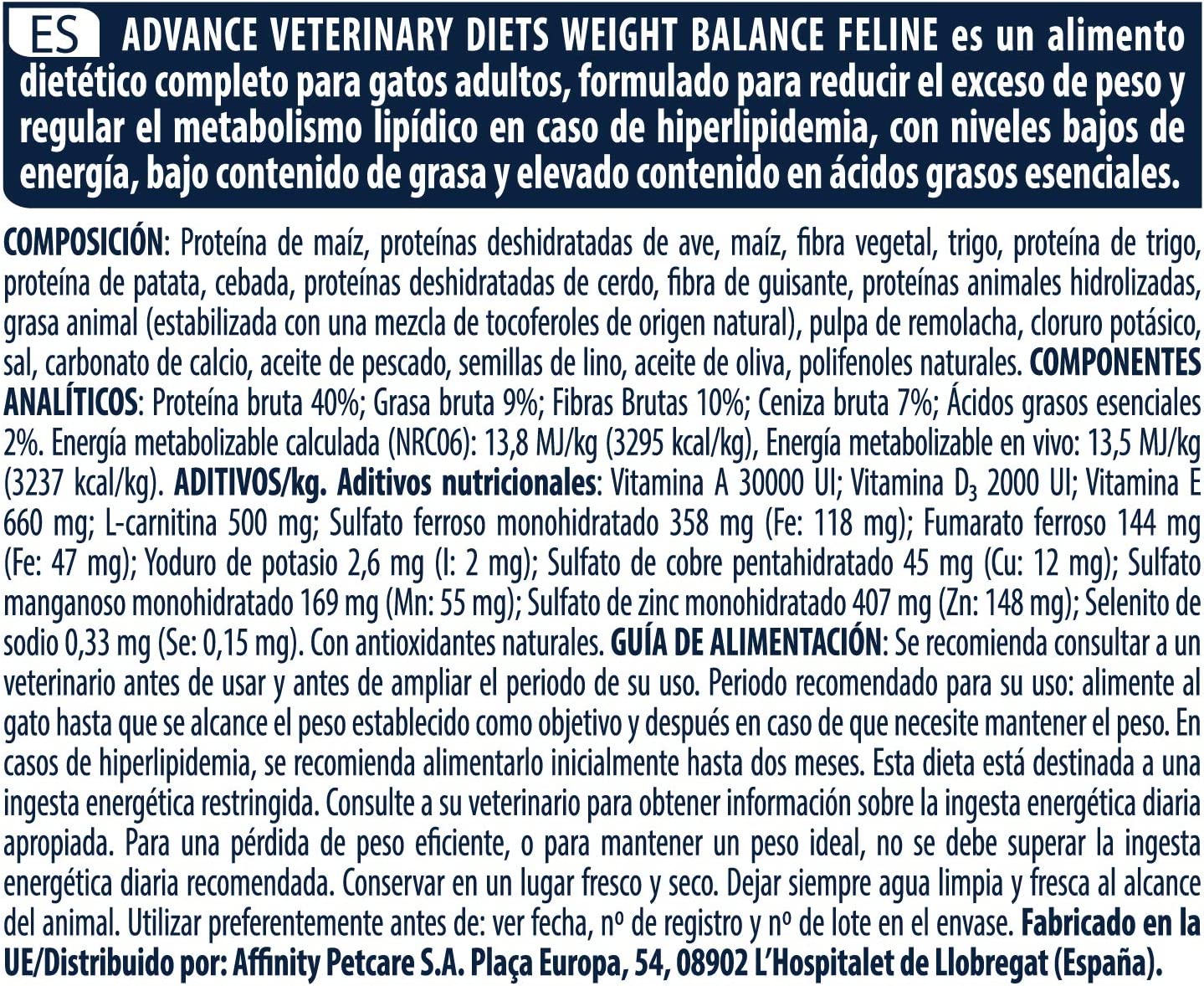 Pienso ADVANCE VET WEIGHT BALANCE PARA GATOS Gabo&Gordo Pet Shop en Las Palmas de Gran Canaria tienda para mascotas, perros, gatos, conejos, tortugas, animales