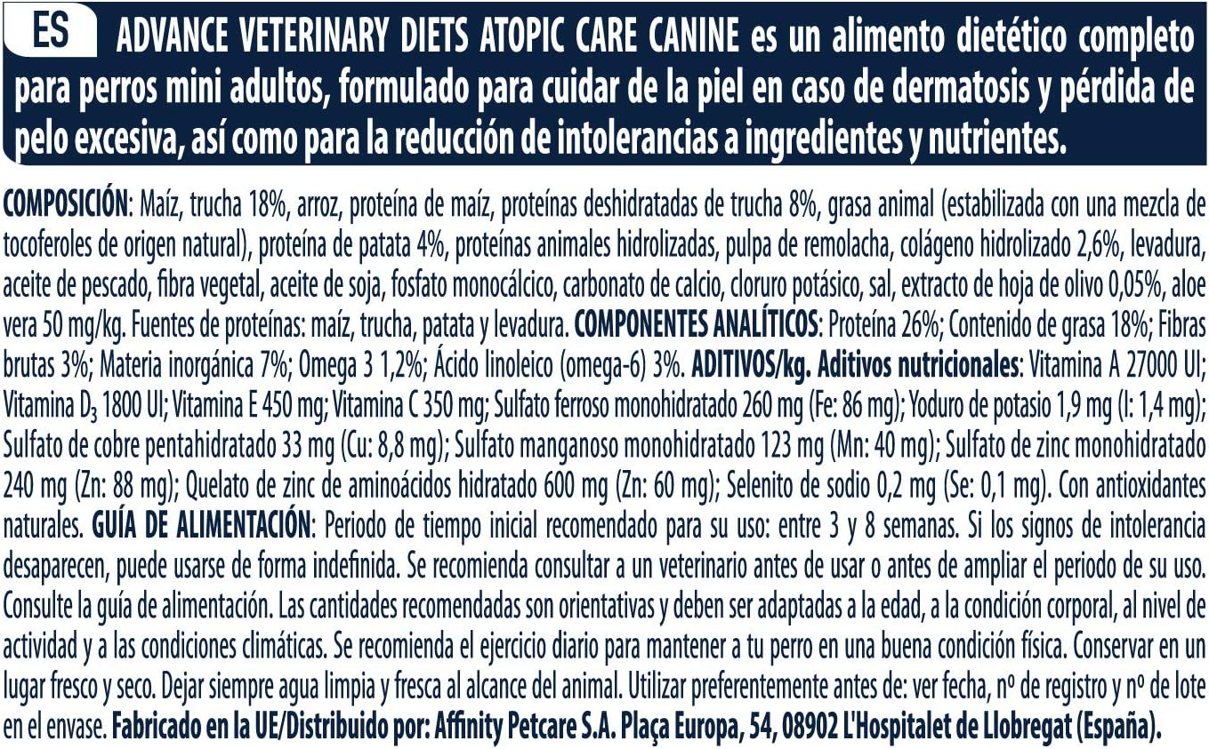 Pienso ADVANCE VET ATOPIC MINI 1.5 kg Gabo&Gordo Pet Shop en Las Palmas de Gran Canaria tienda para mascotas, perros, gatos, conejos, tortugas, animales