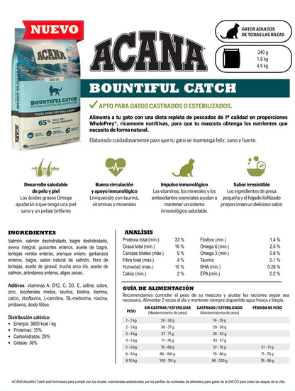 ACANA CAT BOUNTIFUL CATCH (GATOS) Gabo y Gordo E Shop, la mejor tienda online en las Islas Canarias, España, tienda online para mascotas, perros, gatos, conejos, tortugas, animales, accesorios para mascotas en general. 
Gabo y Gordo E Shop in Canary Islands, the best store for pets, dogs, cats, rabbits, turtles, animals, pet accessories.