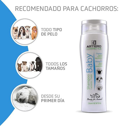 Artero Champú Baby 250 ml para perros y gatos con piel sensible. Ideal para cachorros. Cuida su pelaje con una fórmula suave. Envío gratis en Gran Canaria desde 30 €.