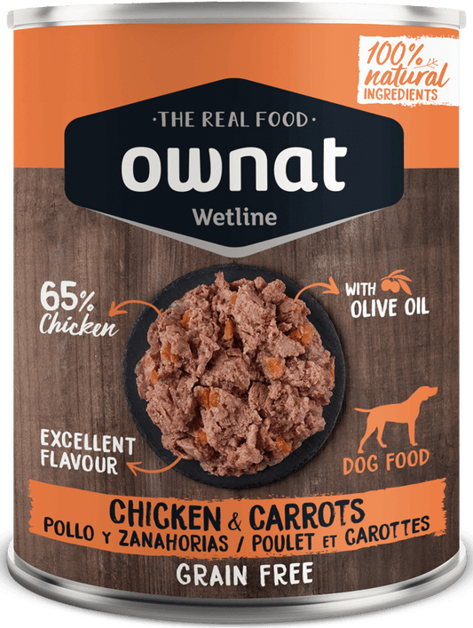 OWNAT Wetline | Comida húmeda con pollo y zanahorias para perro 400 g x 12 unidades sin cereales Gabo y Gordo E Shop, la mejor tienda online en las Islas Canarias, España, tienda online para mascotas, perros, gatos, conejos, tortugas, animales, accesorios para mascotas en general. 
Gabo y Gordo E Shop in Canary Islands, the best store for pets, dogs, cats, rabbits, turtles, animals, pet accessories.