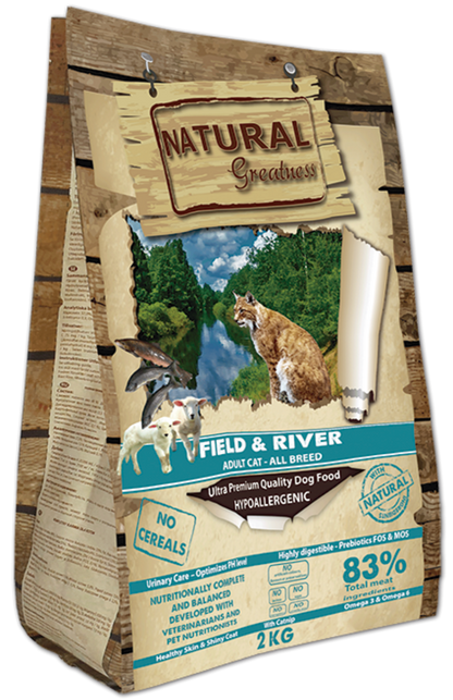 NATURAL GREATNESS RECETA FIELD AND RIVER GATOS ADULTOS SENSITIVE SIN CEREALES.   Gabo y Gordo Pet Shop, tienda online en las Islas Canarias, España, tienda online para mascotas, perros, gatos, conejos, tortugas, animales, accesorios para mascotas en general. 