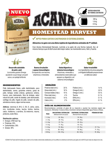 Pienso ACANA HOMESTEAD HARVEST PARA GATOS Gabo y Gordo E Shop, la mejor tienda online en las Islas Canarias, España, tienda online para mascotas, perros, gatos, conejos, tortugas, animales, accesorios para mascotas en general. 
Gabo y Gordo E Shop in Canary Islands, the best store for pets, dogs, cats, rabbits, turtles, animals, pet accessories.