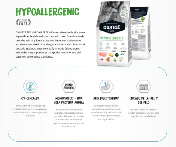 OWNAT Care Hypoallergenic | pienso para gatos con problemas alérgicos, estomago o piel sensible Gabo y Gordo E Shop, la mejor tienda online en las Islas Canarias, España, tienda online para mascotas, perros, gatos, conejos, tortugas, animales, accesorios para mascotas en general. 
Gabo y Gordo E Shop in Canary Islands, the best store for pets, dogs, cats, rabbits, turtles, animals, pet accessories.
