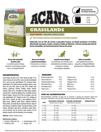 Pienso ACANA Grasslands sin cereales con proteínas frescas para gatos de todas las edades