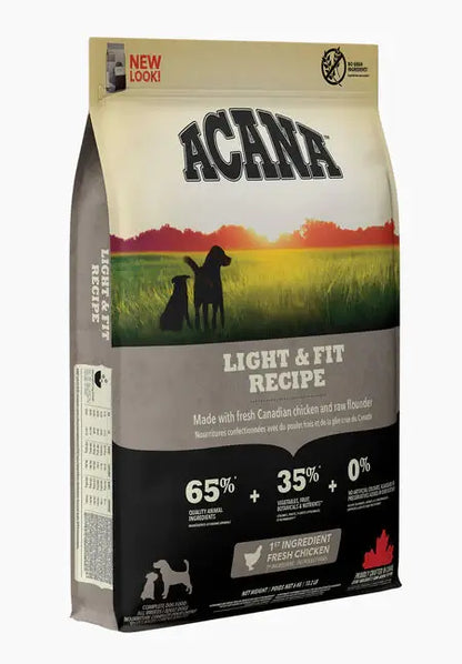 ACANA Light & Fit pienso sin cereales para perros adultos con tendencia al sobrepeso, 35 % de proteína y 11 % de grasa.