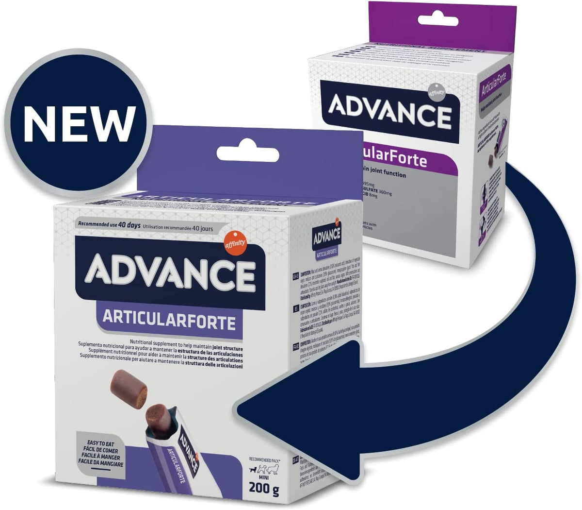 Envase de ADVANCE ArticularForte, suplemento articular en formato snack para perros.