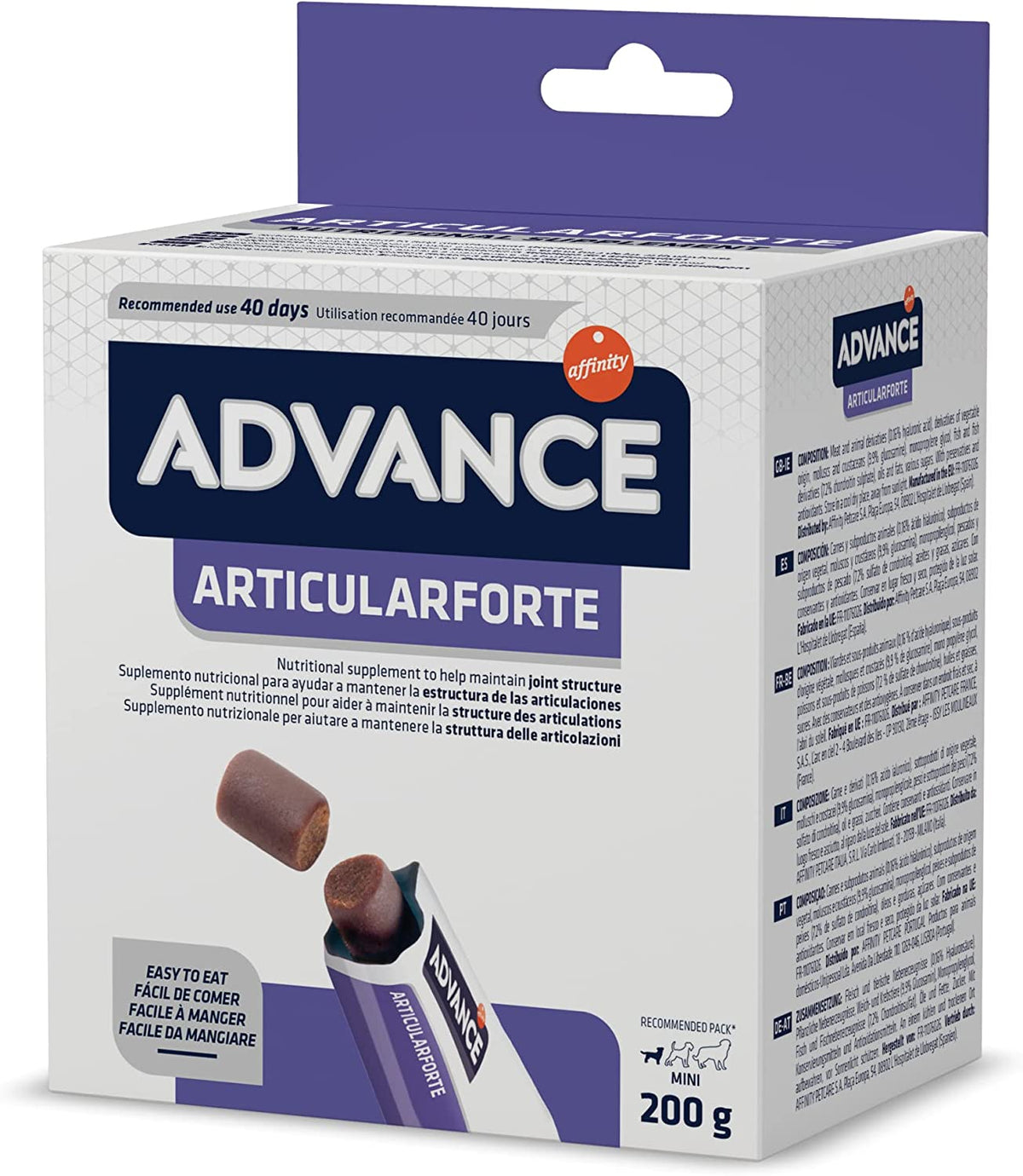 Envase de ADVANCE ArticularForte, suplemento articular en formato snack para perros.