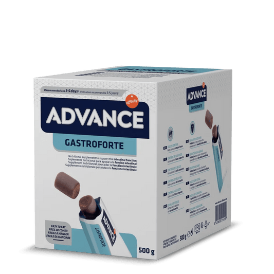 Envase de ADVANCE GastroForte, suplemento digestivo en formato snack para perros.