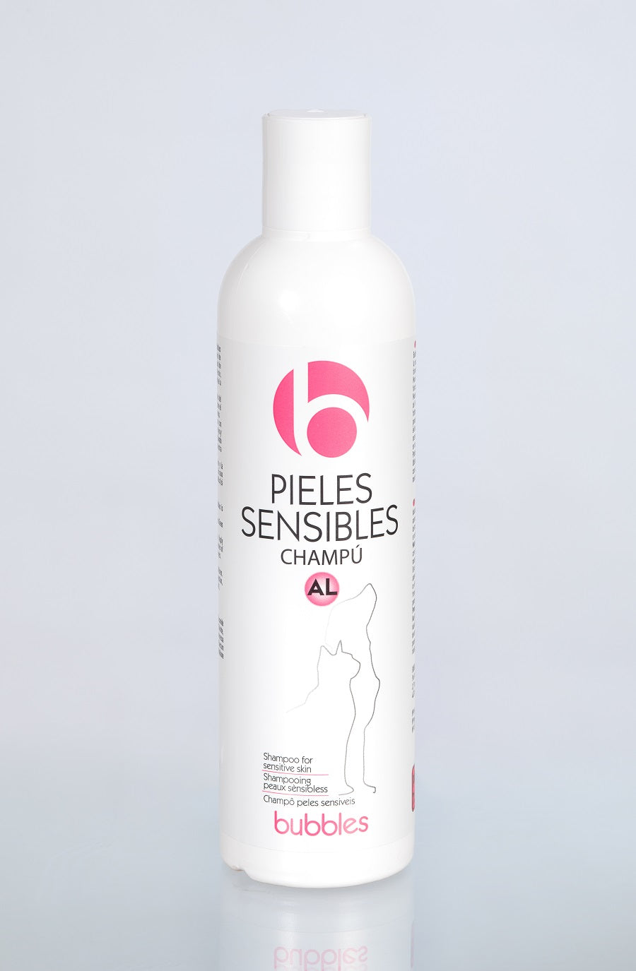 Champú BUBBLES para perros con piel sensible, disponible en 250 ml y 5 litros.