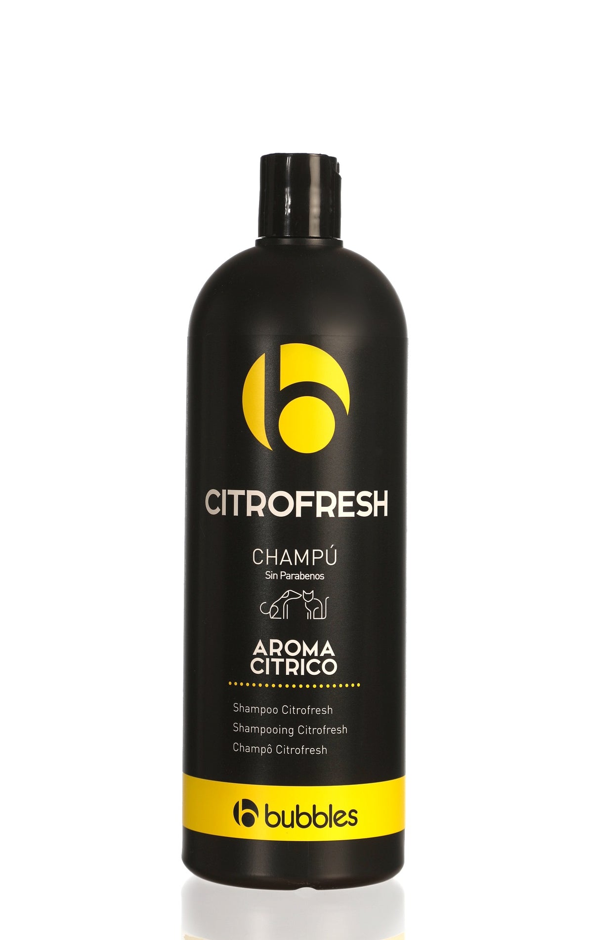 Envase de champú BUBBLES Citrofresh con citronela y aroma cítrico.