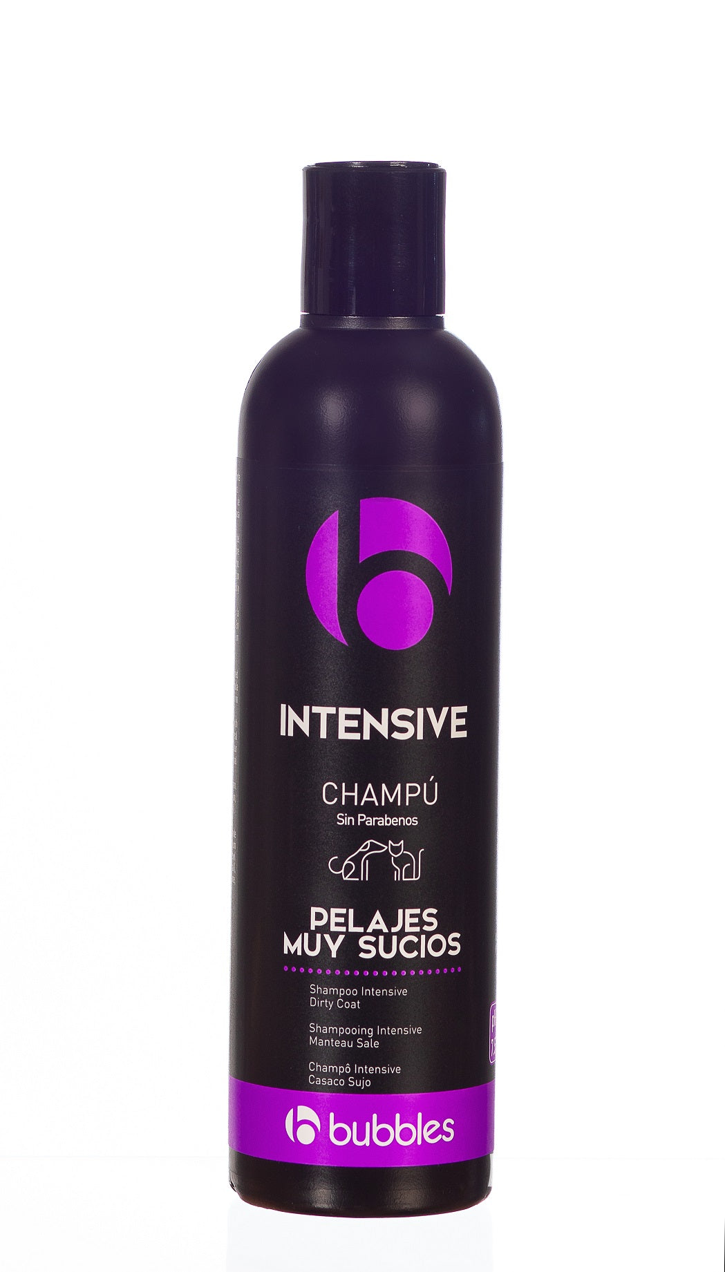 Envase de champú BUBBLES Intensive para la limpieza de pelajes muy sucios.