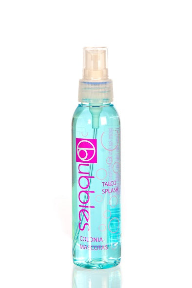BUBBLES Talco Splash 125 ml perfume para mascotas con notas de mandarina, rosa, jazmín, vainilla y sándalo