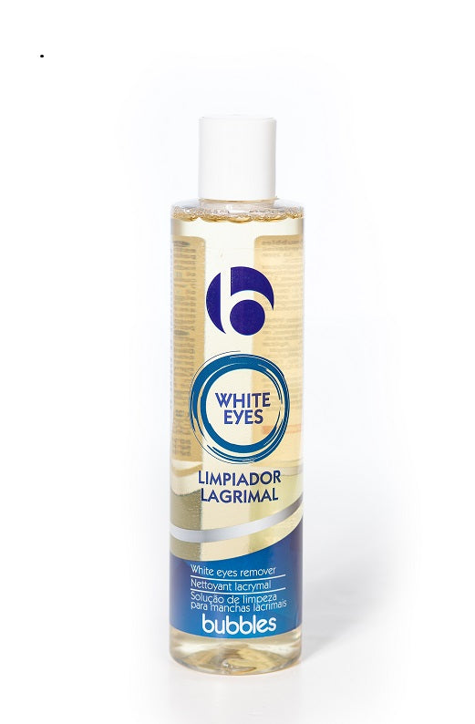 Envase de 250 ml de BUBBLES White Eyes, limpiador de manchas del lagrimal para perros y gatos.